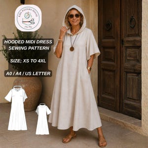 May include: A beige hooded midi dress with short sleeves and a loose silhouette. The text on the image reads: KMS PATTERN HOUSE, HOODED MIDI DRESS SEWING PATTERN, SIZE; XS TO 4XL, A0 / A4 / US LETTER. Includes two white line art sketches of the dress.