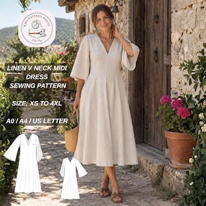 Może przedstawiać: Beżowa lniana sukienka midi z dekoltem w serek i szerokimi, rozkloszowanymi rękawami. Tekst głosi: KMS PATTERN HOUSE, LINEN V NECK MIDI DRESS SEWING PATTERN, SIZE: XS TO 4XL, A0 / A4 / US LETTER. Zawiera biały rysunek techniczny projektu sukienki.