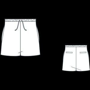 May include: Line drawing of two pairs of white shorts. The larger pair has a drawstring waist and pockets. The smaller pair has a drawstring waist and two back pockets. Both pairs are on a black background.