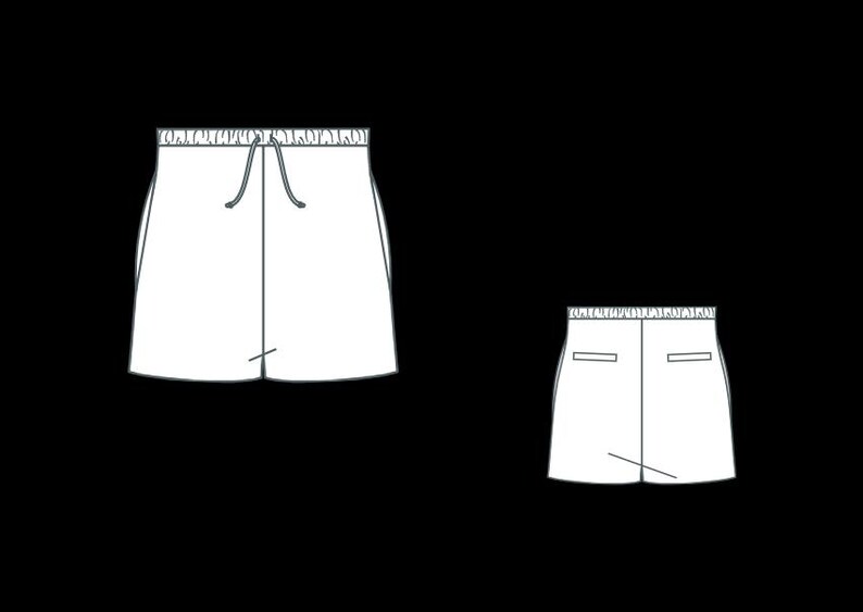May include: Line drawing of two pairs of white shorts. The larger pair has a drawstring waist and pockets. The smaller pair has a drawstring waist and two back pockets. Both pairs are on a black background.