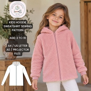 Puede incluir: Una sudadera con capucha y cremallera de forro polar rosa empolvado con mangas largas y puños acanalados. El texto dice: KIDS HOODIE SWEATSHIRT SEWING PATTERN, AGE: 2 TO 16, A4 / US LETTER, A0 / PROJECTOR FILES. Incluye un dibujo lineal blanco.
