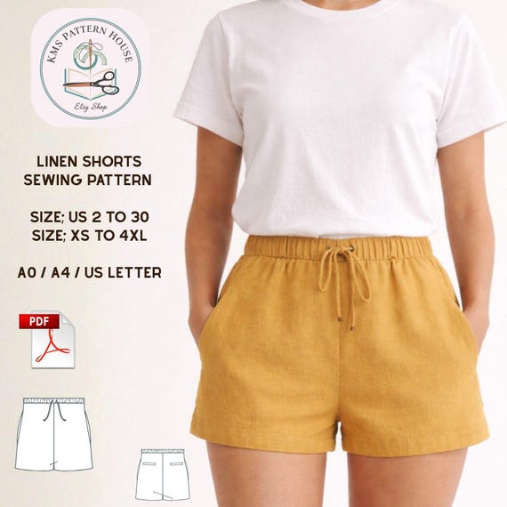 Linen Shorts Sewing Pattern, Relaxed Fit Drawstring Shorts with Pockets (PDF Download)