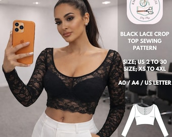 Black Lace Crop Top Sewing Pattern, Long Sleeve Bustier Style (PDF)