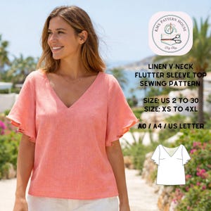 May include: A coral-colored linen V-neck flutter sleeve top. The image shows a woman wearing the top, with a sewing pattern graphic in the upper right corner. The pattern is available in sizes US 2 to 30 and XS to 4XL.
