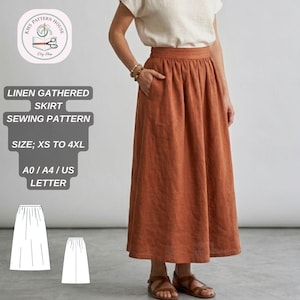 Op de afbeelding: Een roestkleurige linnen rok met plooien, een hoge taille en zakken. De rok maakt deel uit van een naaipatroon, verkrijgbaar in maten XS tot 4XL. De afbeelding bevat ook een logo en de tekst "LINEN GATHERED SKIRT SEWING PATTERN".
