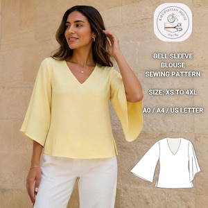 Bell Sleeve Blouse Sewing Pattern, V Neck Top, Side Slit Linen Summer Shirt (PDF Download)