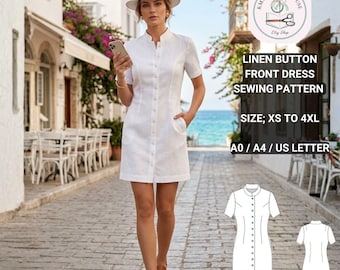 Linen Button Front Dress Sewing Pattern | Mandarin Collar Shirt (Instant Download)