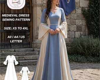 May include: A medieval dress sewing pattern with a V-neck, long sleeves, and a flowing skirt. The dress is in shades of blue and cream. The pattern includes sizes XS to 4XL and is available in A0, A4, and US Letter formats.
