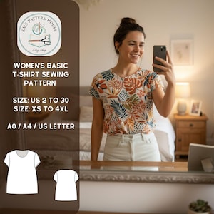 May include: A woman wearing a short-sleeved t-shirt with a colorful floral pattern, paired with white pants. The image also shows a sewing pattern with the text "WOMEN'S BASIC T-SHIRT SEWING PATTERN" and size details in US sizes 2 to 30 and XS to 4XL.