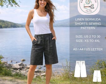 Linen Bermuda Shorts Sewing Pattern, Women's High Waist Summer (PDF Pattern)