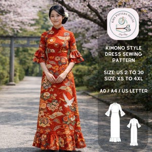 May include: A red kimono-style dress with a floral and crane pattern. The dress has a high collar, flared sleeves, and a ruffled hem. The image includes a sewing pattern with the text "KIMONO STYLE DRESS SEWING PATTERN" and size details.