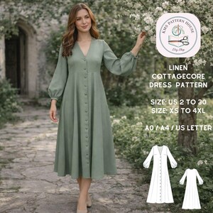 Puede incluir: Un patrón de vestido cottagecore de lino verde salvia con mangas largas y una botonadura frontal. El patrón incluye tallas XS a 4XL y US 2 a 30. La imagen también muestra una ilustración del vestido y el logotipo de KMS Pattern House.