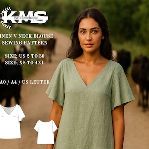 May include: A woman wearing a light green linen V-neck blouse. The image includes the text "LINEN V NECK BLOUSE SEWING PATTERN" and size details. Two line drawings of the blouse are shown at the bottom. Cows are in the background.