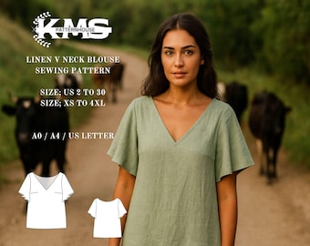 Linen V-Neck Blouse Sewing Pattern: Flared Sleeves, Easy DIY (Digital Download XS-4XL)