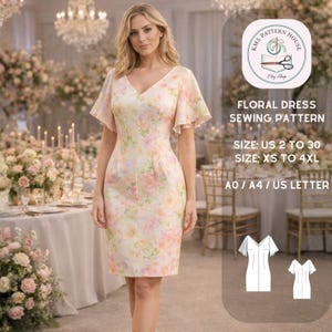May include: A floral dress with a V-neck and short, flutter sleeves. The dress features a pastel floral pattern in shades of pink, peach, and green. The image includes text that reads "FLORAL DRESS SEWING PATTERN" and size information.