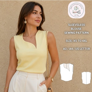 Peut inclure: Un chemisier sans manches jaune pâle avec une encolure échancrée. L'image contient le texte : KMS PATTERN HOUSE, SLEEVELESS BLOUSE SEWING PATTERN, SIZE: XS TO 4XL, A0 / A4 / US LETTER, ainsi qu'un dessin technique du devant et du dos.