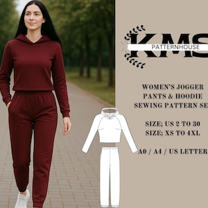 Op de afbeelding: Een vrouw draagt een bordeauxkleurige joggingbroek en hoodie set. De afbeelding toont ook een naaipatroonset voor dames joggingbroek en hoodie. De patroonmaten variëren van US 2 tot 30 en XS tot 4XL.