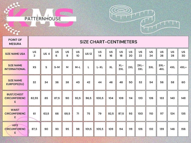 May include: A size chart in centimeters with measurements for bust/chest, waist, and hips. The chart includes US, international, and European sizes, ranging from US size 2 to 30. The KMS Patternhouse logo is at the top.