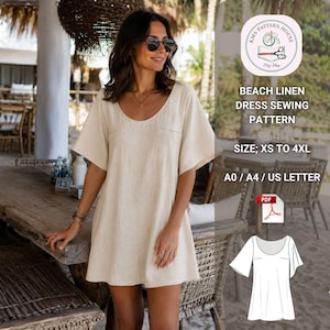 Peut inclure: Une robe en lin beige avec des manches courtes et larges et une encolure ronde. L'image contient le texte : KMS PATTERN HOUSE, BEACH LINEN DRESS SEWING PATTERN, SIZE; XS TO 4XL, A0 / A4 / US LETTER, et une icône PDF avec un croquis de la robe.