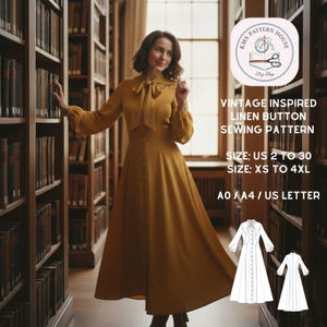 Puede incluir: Una mujer con un vestido de lino abotonado de inspiración vintage de color amarillo mostaza está en una biblioteca. El vestido tiene un lazo en el escote y botones en la parte delantera. La imagen incluye un patrón de costura con el texto "KMS PATTERN HOUSE" e información de tallas.