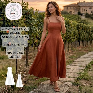 Puede incluir: Un vestido de tirantes finos color óxido con escote cuadrado y falda fluida. La imagen incluye un gráfico de patrón de costura con el texto "SPAGHETTI STRAP DRESS SEWING PATTERN" y el rango de tallas "XS TO 4XL".