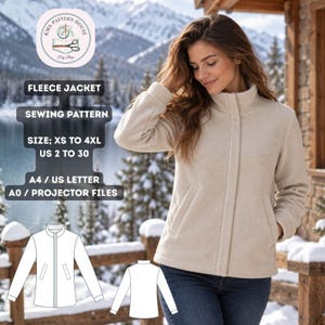 May include: A beige fleece jacket with a high collar, long sleeves, and two front pockets. Text includes: KMS PATTERN HOUSE, FLEECE JACKET, SEWING PATTERN, SIZE: XS TO 4XL, US 2 TO 30, A4 / US LETTER, A0 / PROJECTOR FILES. Includes line drawings.