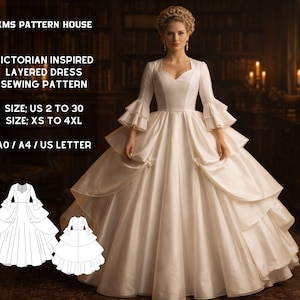 Op de afbeelding: Een wit Victoriaans geïnspireerd gelaagd jurk naaipatroon van KMS Pattern House. Het patroon bevat maten US 2 tot 30 en XS tot 4XL, met opties voor A0, A4 en US Letter. De jurk heeft een vierkante halslijn en een gelaagde rok.