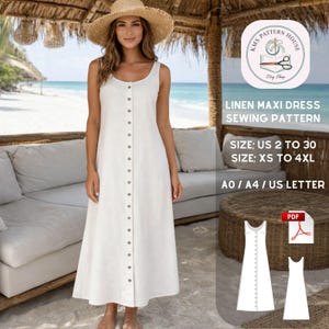 Puede incluir: Una mujer con un vestido largo de lino blanco con botones y un sombrero de paja. El vestido es sin mangas y llega hasta los tobillos. La imagen incluye un patrón de costura con el texto: "LINEN MAXI DRESS SEWING PATTERN" y detalles de tallas.