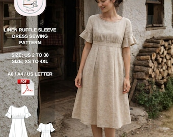 Linen Ruffle Sleeve Dress Sewing Pattern, Cottagecore Empire Waist Midi (PDF Pattern)