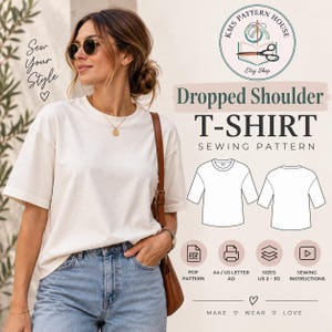 May include: A dropped shoulder t-shirt sewing pattern from KMS Pattern House. The graphic displays the text Dropped Shoulder T-SHIRT SEWING PATTERN, along with a line drawing of the front and back of the shirt, and icons for PDF, A4/US Letter, sizes US 2-30, and sewing instructions.