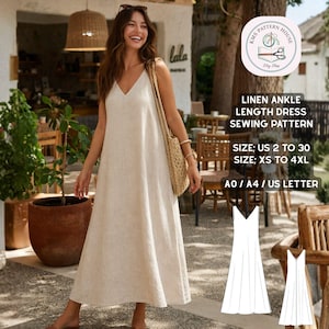 Patrón de costura para vestido largo de lino / Vestido de verano holgado con escote en V (descarga en PDF)