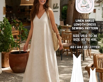 Linen Maxi Dress Sewing Pattern | Relaxed Fit V-Neck Summer Sundress (PDF Download)