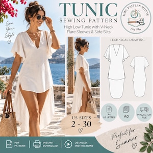 Pode incluir: Um molde de costura para túnica branca assimétrica com decote em V, mangas largas e fendas laterais. A imagem inclui desenhos técnicos, o texto US SIZES 2-30 e ícones para formatos A4, US Letter, A0 e arquivos de projetor.