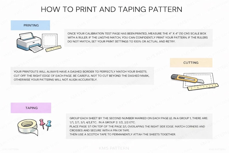 May include: Diagram illustrating how to print and tape a pattern. Includes a printer, ruler, and cutting tools. Instructions advise measuring a 4" x 4" scale box, cutting along dashed lines, and taping pages together. Text includes "Printing", "Cutting", and "Taping".