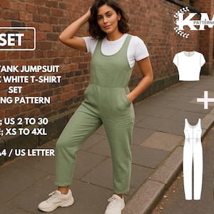 Op de afbeelding: Een vrouw draagt een lichtgroene linnen tankjumpsuit en een wit t-shirt. De afbeelding toont een naaipatroonset met de tekst "LINEN TANK JUMPSUIT & BASIC WHITE T-SHIRT SET SEWING PATTERN". Maten US 2 tot 30 en XS tot 4XL.