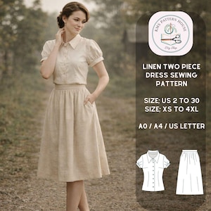 May include: A woman wearing a beige linen two-piece dress. The dress has a collared shirt with short, puffed sleeves and a midi-length skirt. The image includes text that reads "LINEN TWO PIECE DRESS SEWING PATTERN" and size information.