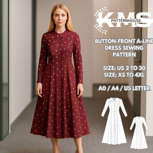 Puede incluir: Una mujer modela un vestido burdeos con botones y corte en A con lunares blancos. El vestido tiene mangas largas y cuello. La imagen incluye un patrón de costura con el texto "BUTTON-FRONT A-LINE DRESS SEWING PATTERN". Tallas US 2 a 30 y XS a 4XL disponibles.