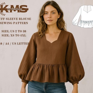 Puede incluir: Una blusa marrón con mangas abullonadas, escote cuadrado y bajo peplum. La imagen también incluye un dibujo lineal de la blusa y el texto "KMS PATTERNHOUSE PUFF SLEEVE BLOUSE SEWING PATTERN SIZE; US 2 TO 30 SIZE; XS TO 4XL A0 / A4 / US LETTER."