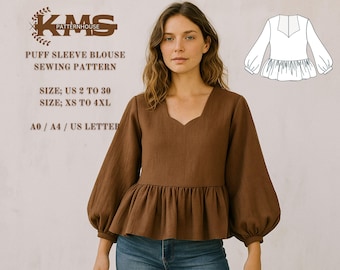 May include: A brown puff sleeve blouse with a square neckline and a peplum hem. The image also includes a line drawing of the blouse and text that reads "KMS PATTERNHOUSE PUFF SLEEVE BLOUSE SEWING PATTERN SIZE; US 2 TO 30 SIZE; XS TO 4XL A0 / A4 / US LETTER."