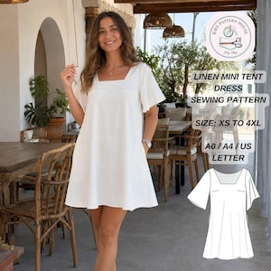 Linen Tent Dress Sewing Pattern, Mini A-Line Square Neck, Loose Fit Summer (Digital Download)