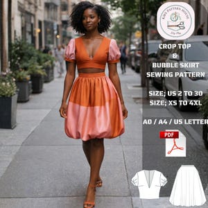 Könnte beinhalten: Eine Frau trägt ein zweiteiliges Outfit, ein Crop-Top und einen Bubble-Rock. Das Oberteil ist orange mit rosa Ärmeln, der Rock ist orange und rosa. Das Bild enthält Text: "CROP TOP & BUBBLE SKIRT SEWING PATTERN".
