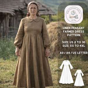 Puede incluir: Una mujer con un vestido campesino de lino marrón con cuello redondo y mangas largas. El patrón del vestido está disponible en tallas US 2 a 30 y XS a 4XL. La imagen incluye el texto "LINEN PEASANT FARMER DRESS PATTERN".