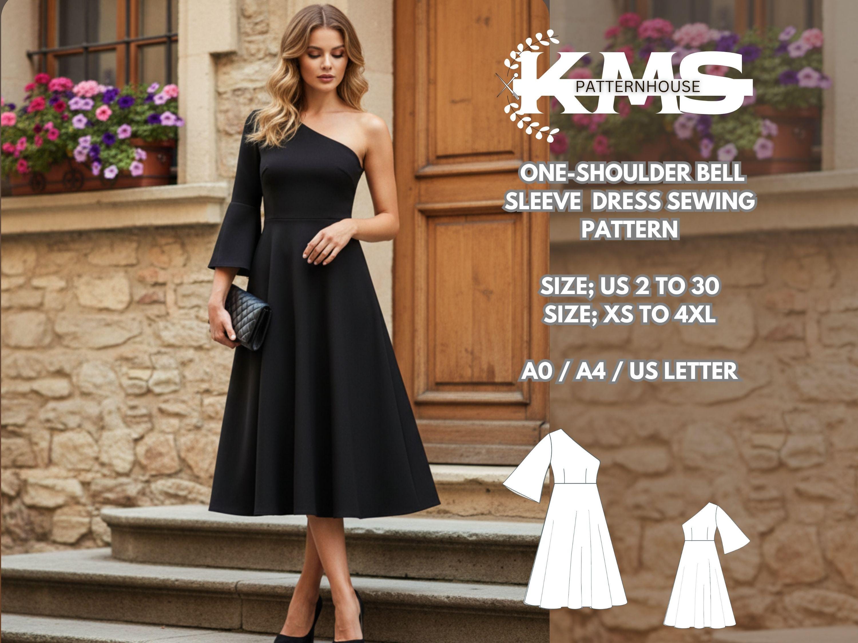 One-Shoulder Bell Sleeve Dress Sewing Pattern (PDF) | XS-4XL