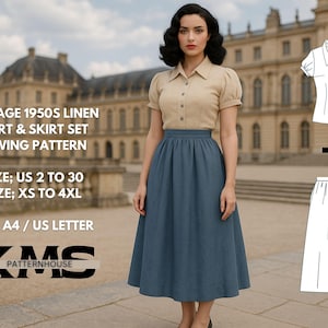 Puede incluir: Un patrón de costura vintage de los años 1950 para un conjunto de camisa y falda de lino. La modelo lleva una camisa beige de manga corta y una falda azul. El patrón incluye tallas US 2 a 30 y XS a 4XL. El texto de la imagen dice "VINTAGE 1950S LINEN SHIRT & SKIRT SET SEWING PATTERN".