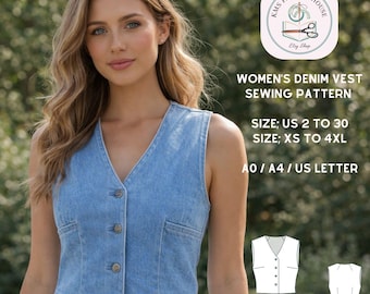 Women's V-Neck Button Front Denim Vest Sewing Pattern (Sizes 2-30)