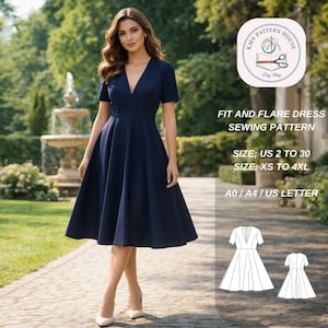 May include: A woman wearing a navy blue fit and flare dress with a V-neck and short sleeves. The dress is knee-length. The image includes text that says "FIT AND FLARE DRESS SEWING PATTERN" and "SIZE; US 2 TO 30 SIZE; XS TO 4XL".