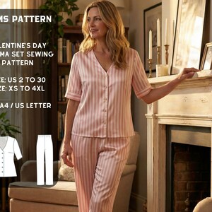 May include: A woman wearing a pink and white striped pajama set. The pajama set includes a short-sleeved button-down shirt and matching pants. Text on the left reads "KMS PATTERN" and "VALENTINE'S DAY PAJAMA SET SEWING PATTERN". Sizes US 2 to 30 and XS to 4XL are listed.