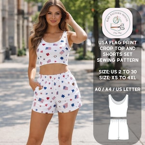 May include: A white crop top and shorts set featuring a USA flag design with red, white, and blue stars, hearts, and stripes. This is a sewing pattern, available in sizes US 2 to 30 and XS to 4XL.