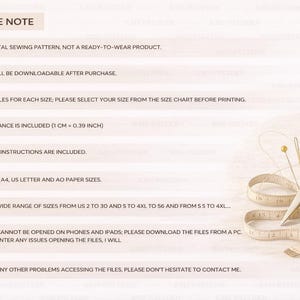 May include: A digital sewing pattern image with text that reads "PLEASE NOTE". The image includes sewing tools: gold scissors, a measuring tape, a spool of thread, a thimble, and a pin.