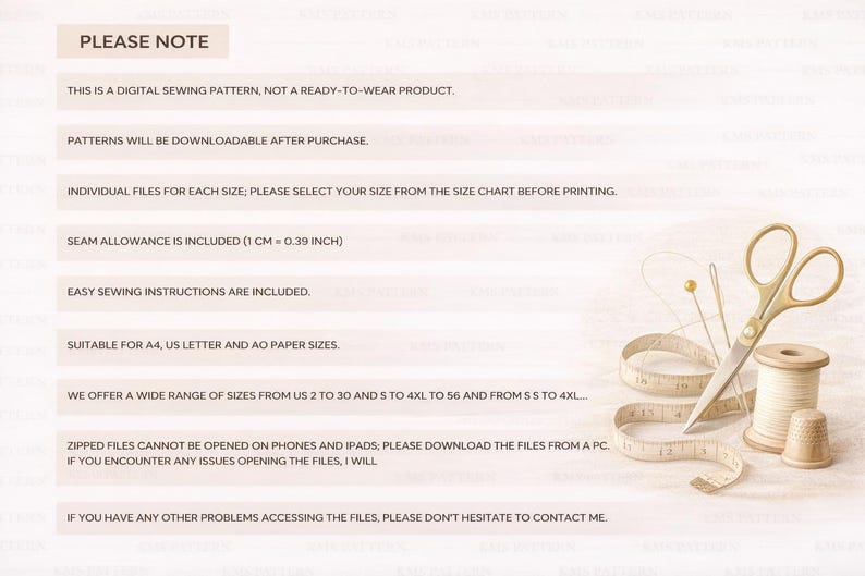 May include: A digital sewing pattern image with text that reads "PLEASE NOTE". The image includes sewing tools: gold scissors, a measuring tape, a spool of thread, a thimble, and a pin.